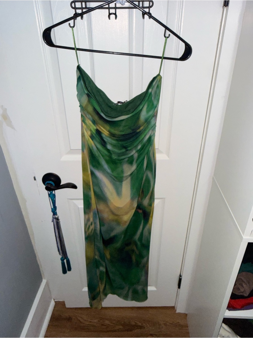 Green Marble-Print Slip Dress with Cowl Neck